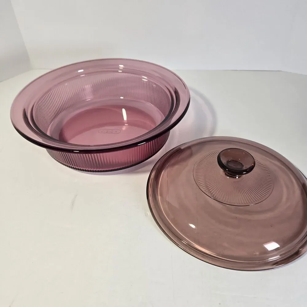 CRANBERRY Vision Ware V-33-B Casserole Dish Lid Ribbed 2.5 qt Corning USA *EUC